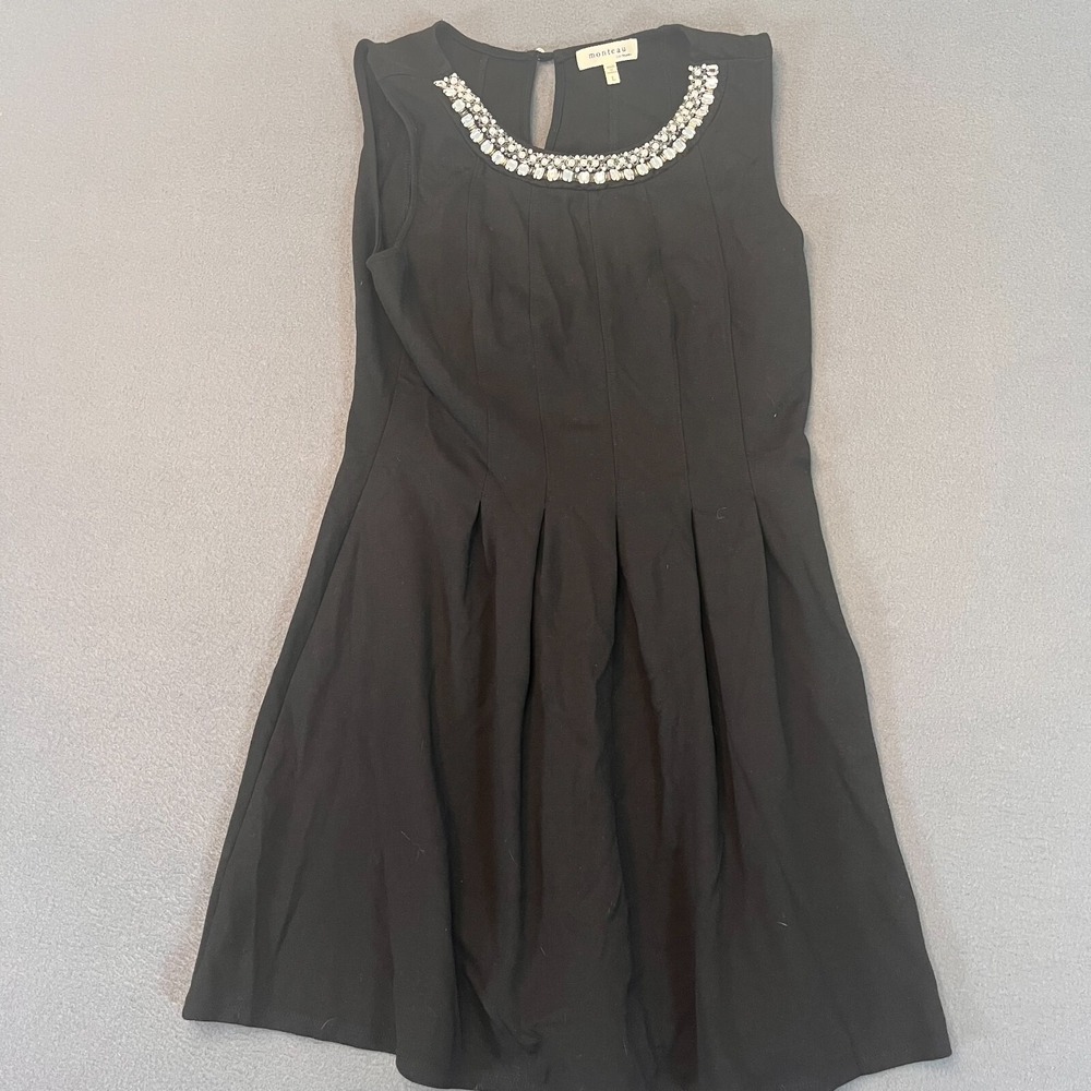 Monteau Dress Womens Sz Large Black Stretch Knit Pleated Beaded Jeweled Neckline